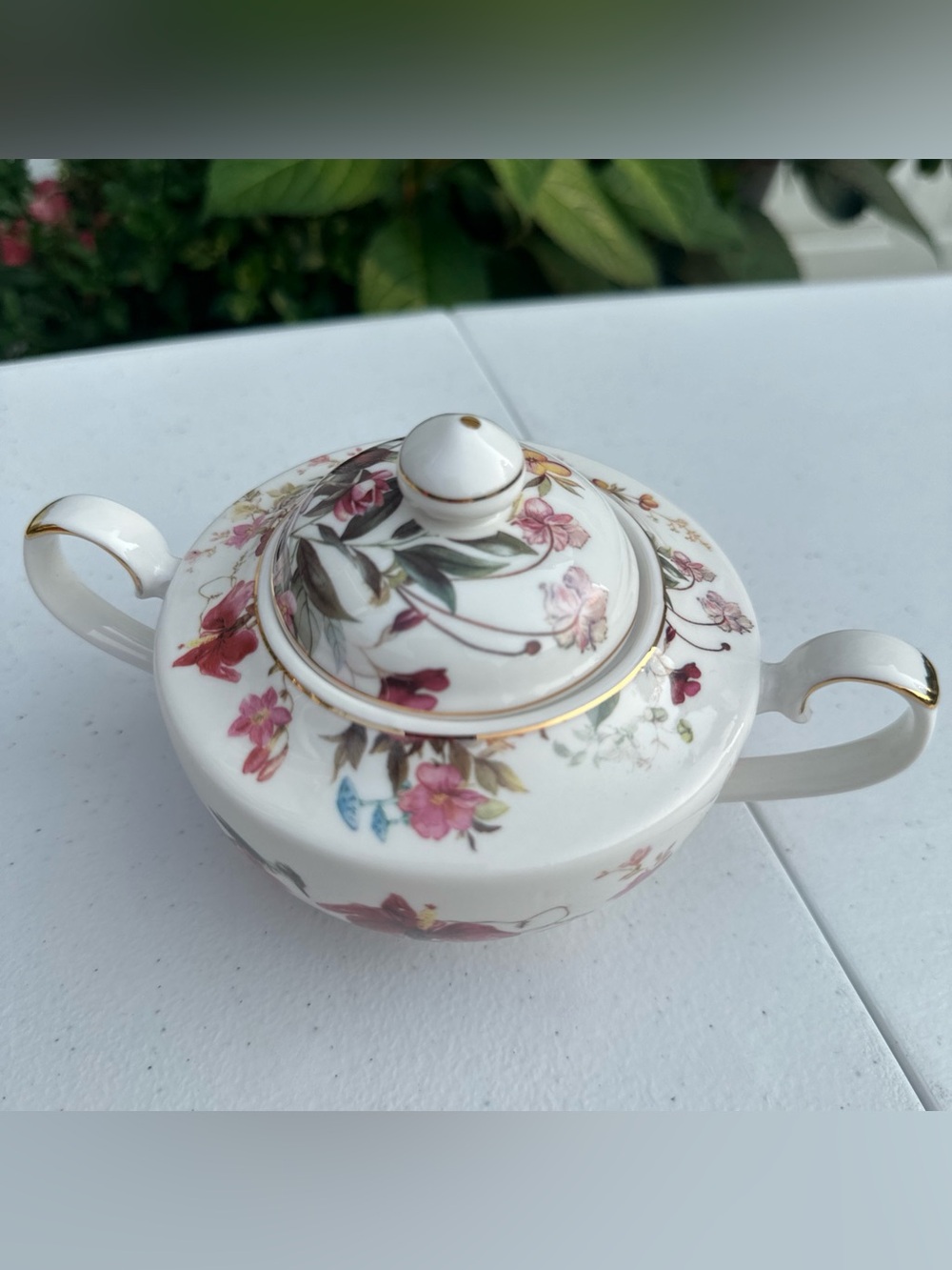 Floral Porcelain Sugar Bowl with Lid - Pink Flower Design